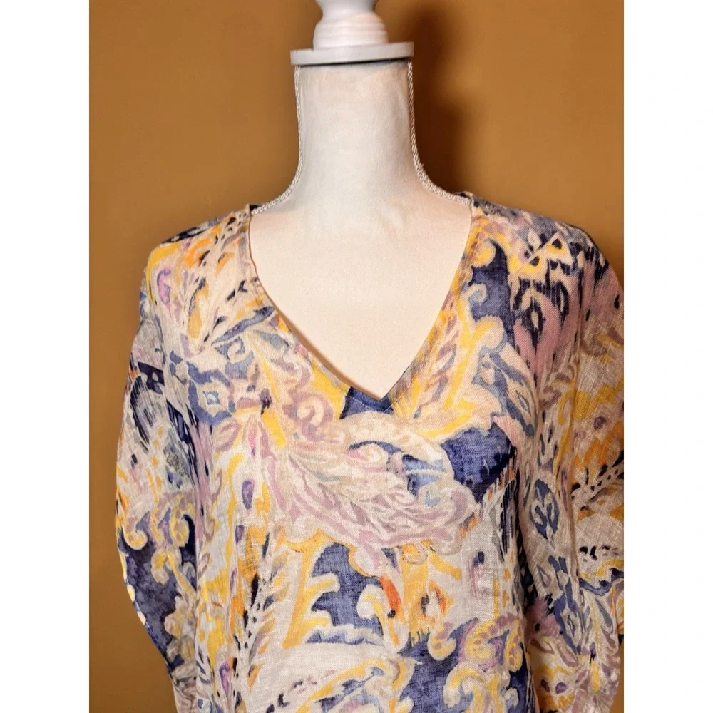 Chico's Linen Swim‎ Cover Up S/M Paisley Print Fringe Hem Beach Tunic Boho